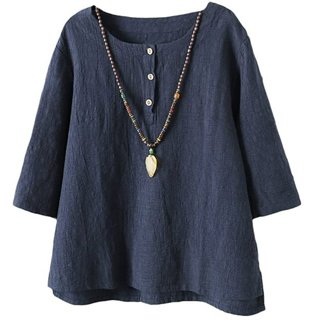 SMihono Hauts pour Femmes Été Décontracté Chic Col Rond Manches Trois-Quarts Coton Blouse T-shirt Oversize pour Femmes 2023