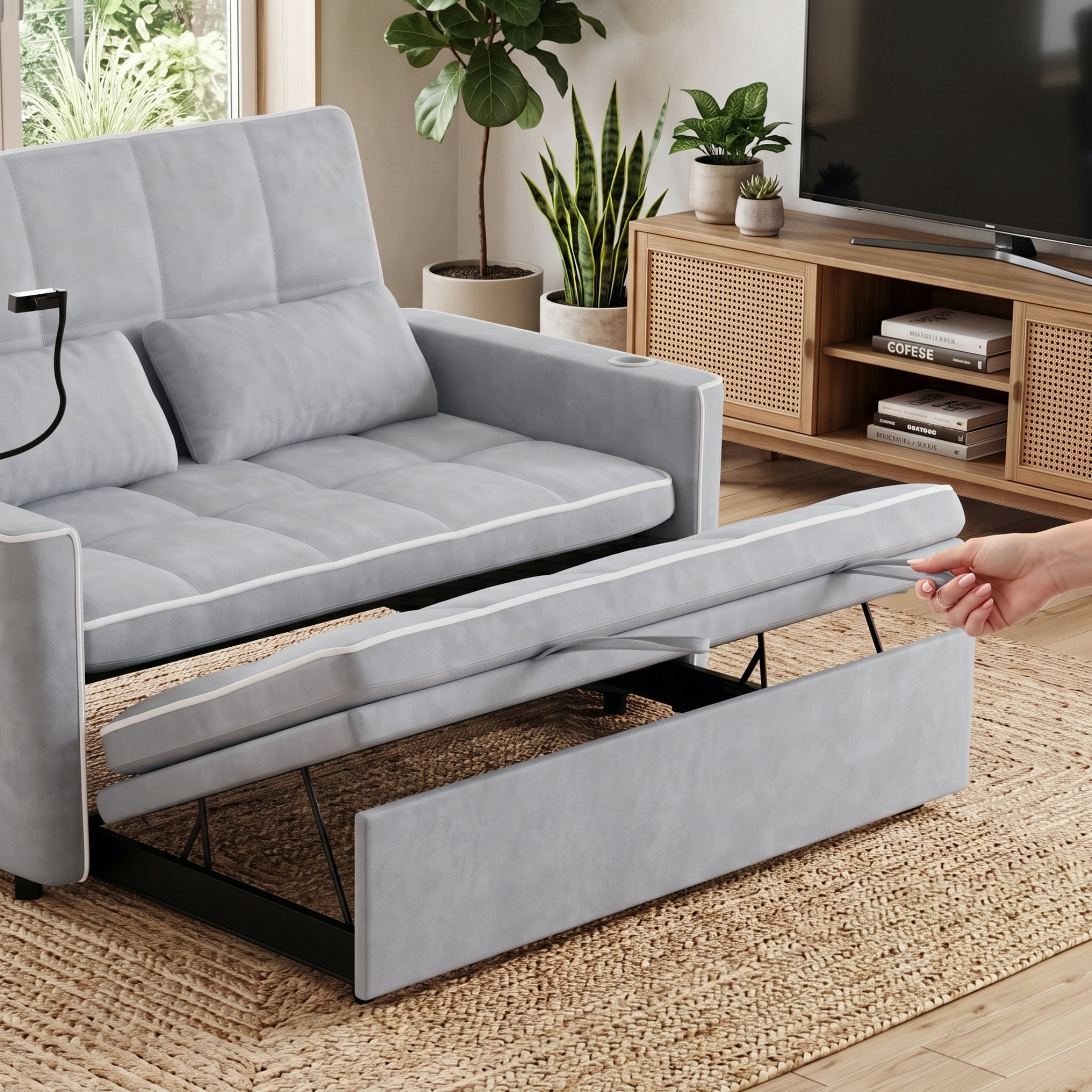 Vinform Sleeper Sofa Bed, 3 in 1 Convertible Loveseat with Phone & Cup Colder for Small Space, Gray