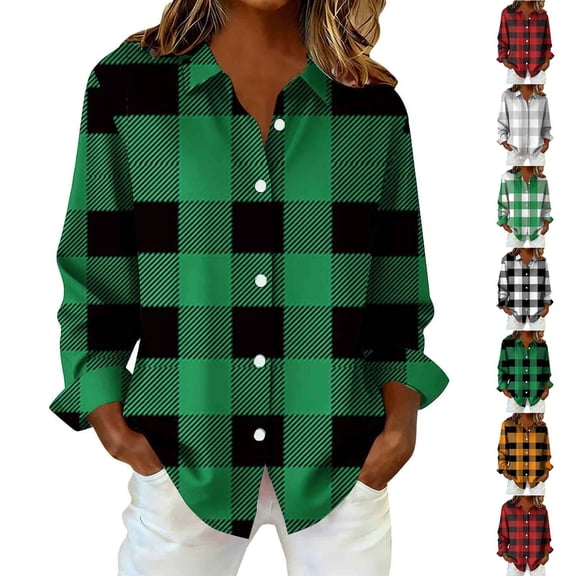 GaThRRgYP Sweatshirts for Women under $10,Women's Long Sleeve Plaid Daily Print Button-Up Flared Shirt Fashion Loose Casual Top Yellow S