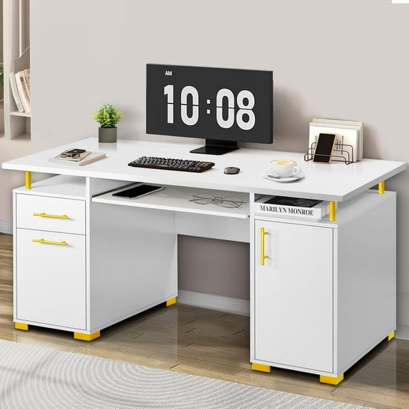 DreamCurship White and Gold Desk with Drawers,White Computer Desk with File Drawer, 55"Executive Desk with Keyboard Tray, Storage Cabinet, White and Gold