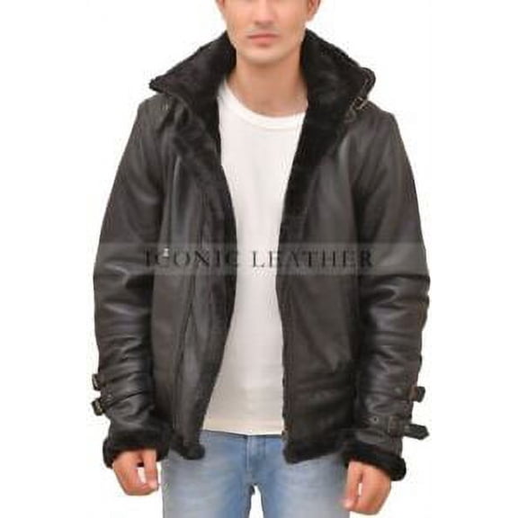 Men's B3 Black Bomber GENUINE Leather Jacket With Removable Hood