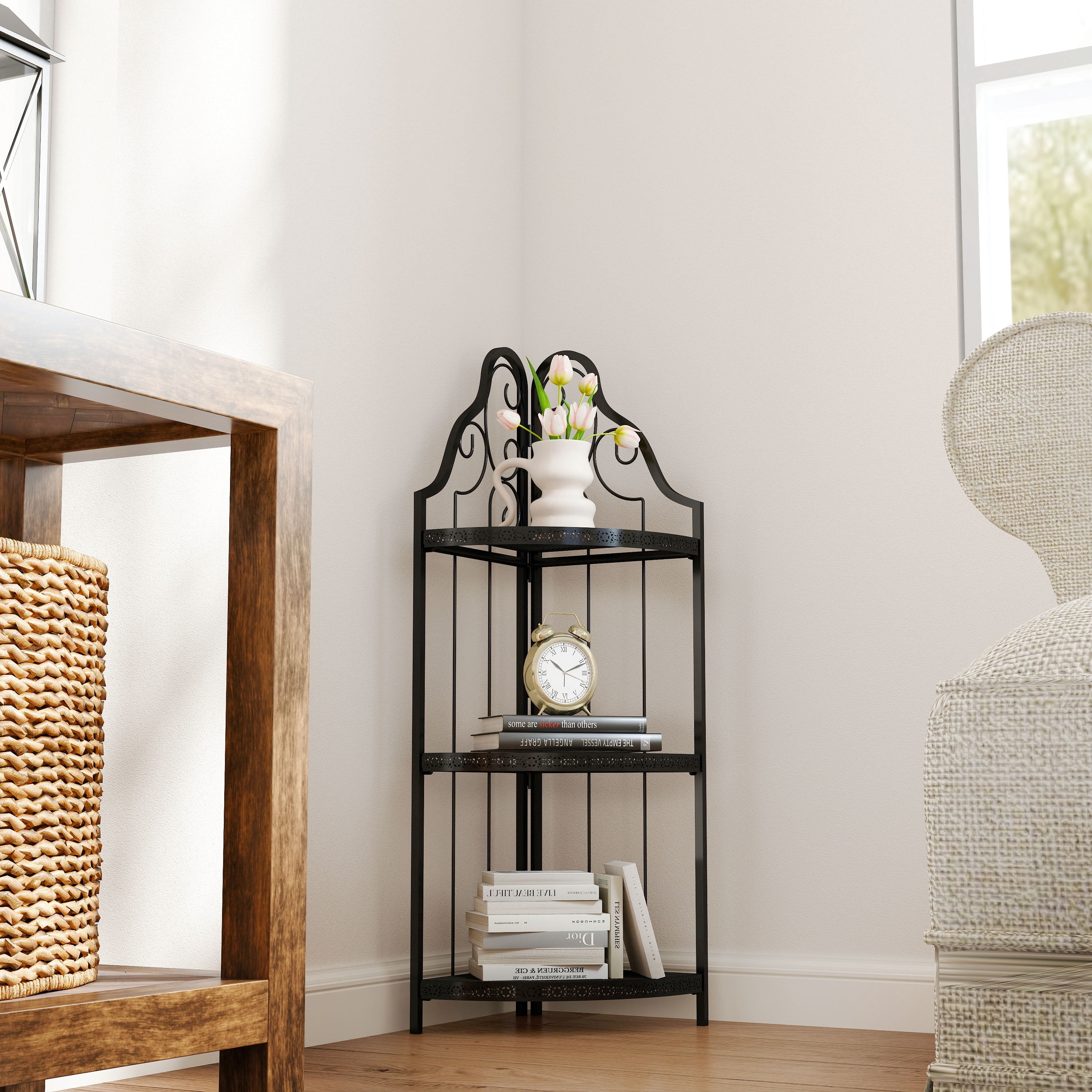 Mintazer 3-Tier Corner Bookcase with Vintage Scroll Design, 40.9" Open Storage Rack for Living Room & Bathroom, Black