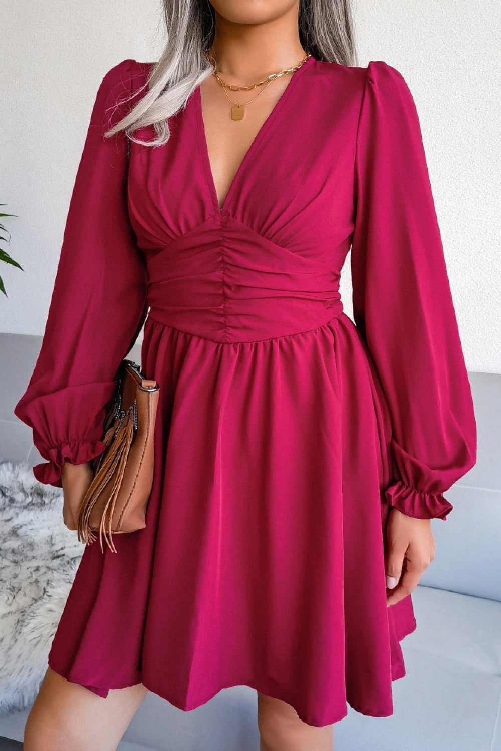 Deep V Puff Sleeve Ruched Mini Dress 