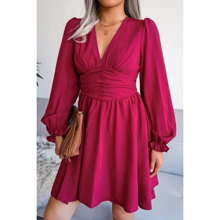 Deep V Puff Sleeve Ruched Mini Dress