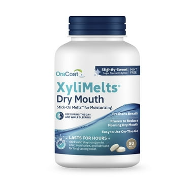 OraCoat XyliMelts Dry Mouth Relief Moisturizing Oral Adhering Discs 80 Count Bottle, Slightly Sweet with Xylitol, for Dry Mouth, Stimulates Saliva, Non-Acidic