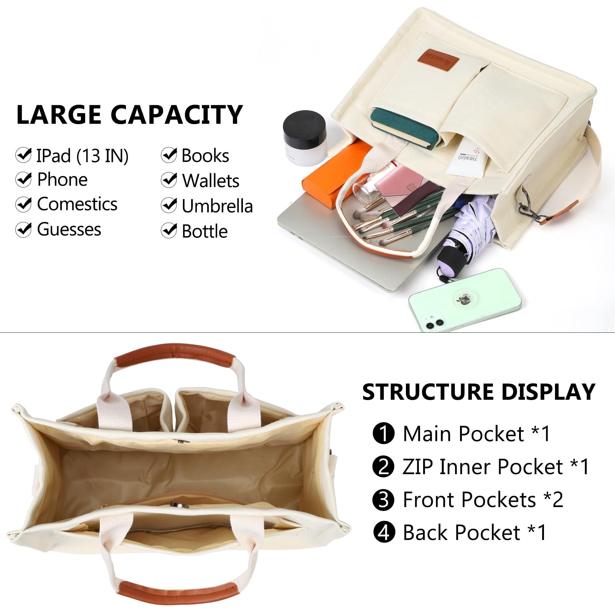 AOUNQ Canvas Tote Bag for Women Trendy Purse and Handbags Work Tote Bags with Pockets Crossbody Satchel Bag,Beige
