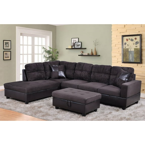 PonLiving Furniture Aiden 104" Sectional Sofa & Chaise with Ottoman Microfiber and faux leather upholstery Espresso Left Hand Facing