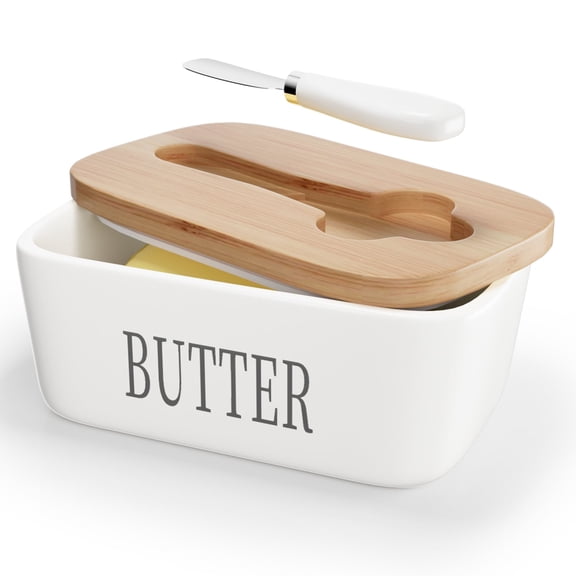 Butter Dish with Bamboo Lid for Countertop,Stainless Steel Butter Knife and Silicone Sealing Butter Dishes,Ceramic Butter Dishes with Covers,White