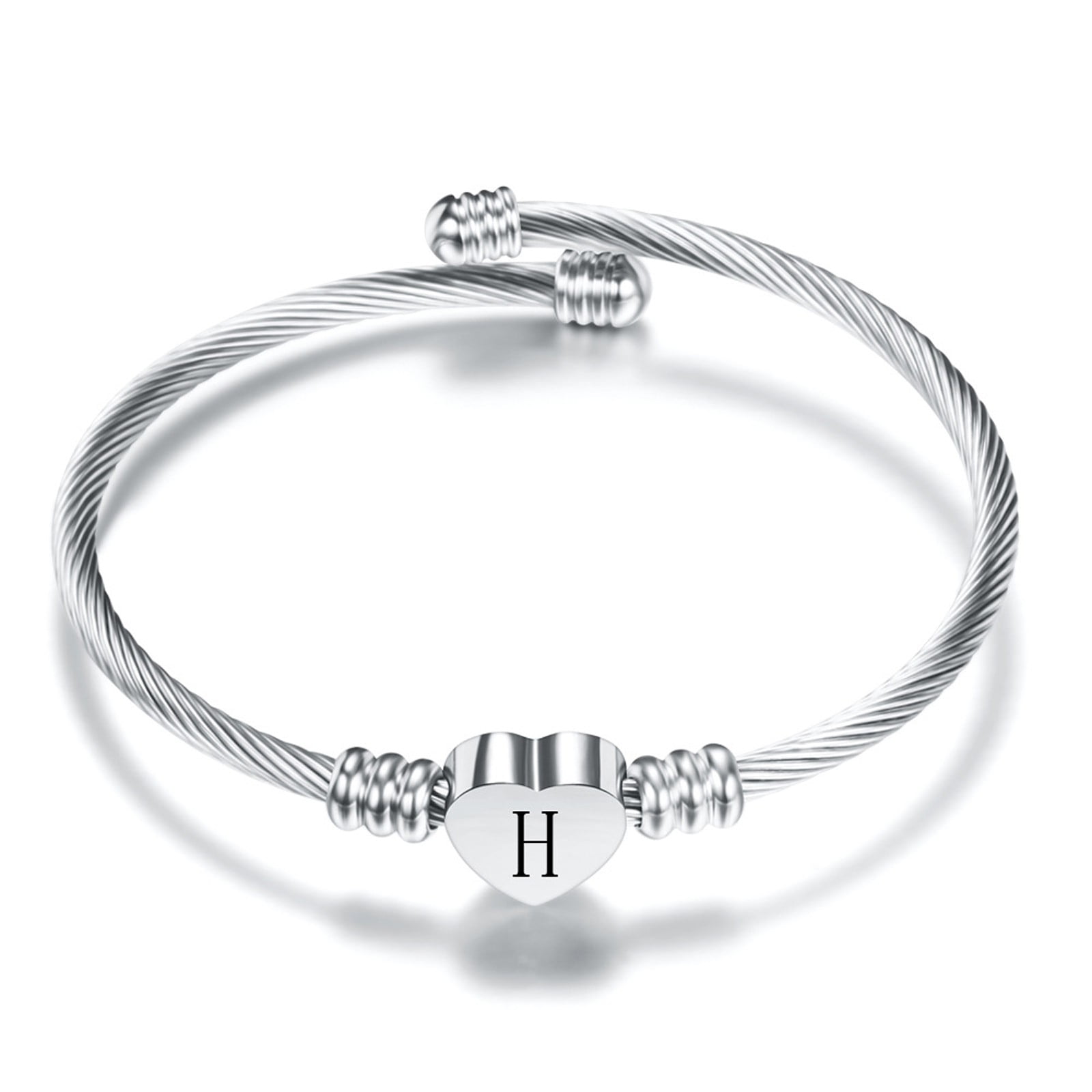 Initial Heart Charm Bracelets 6mm Stainless Steel Beads 26 Letters Bracelet for Women Birthday Gifts 
