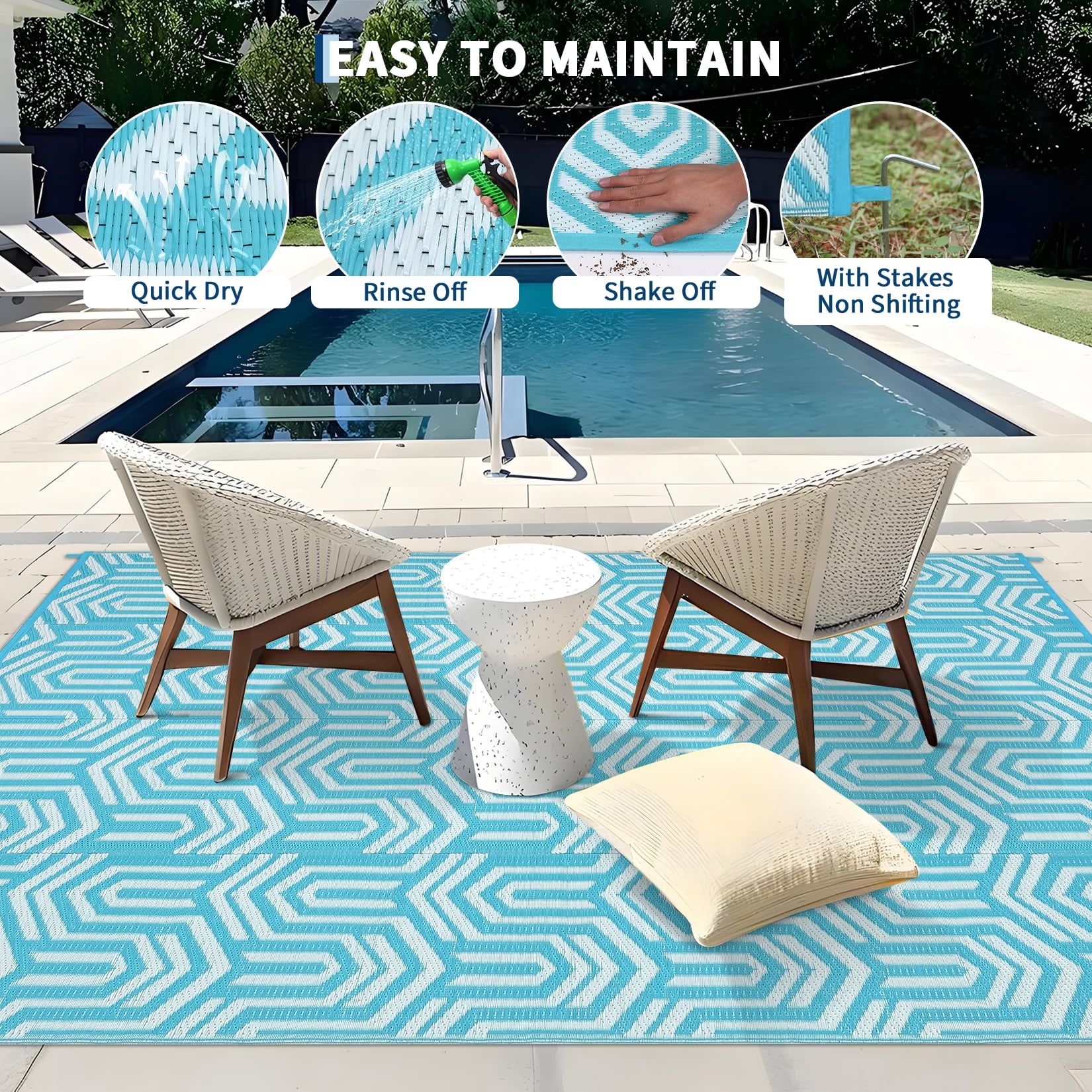 Garvee Waterproof Outdoor Rug 9x12ft Reversible Patio Rug, Plastic Straw Rug RV Camping Rug for Deck Balcony Porch Picnic Backyard, Light Blue