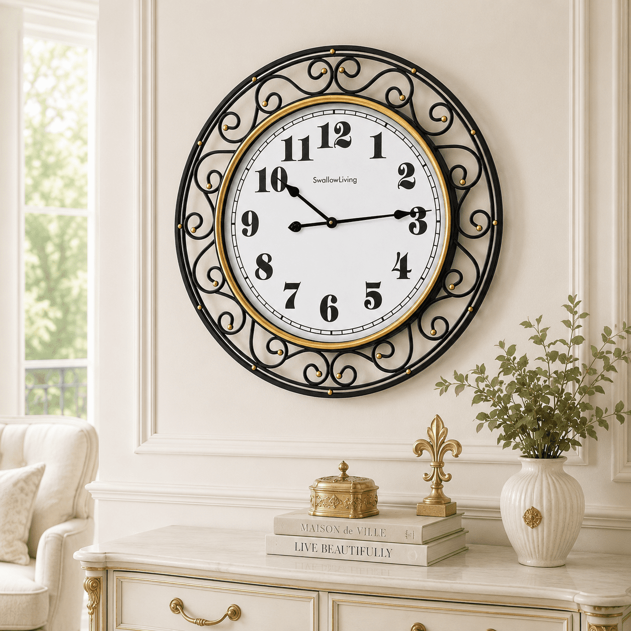 FUIN 30 inch Vintage Black Gold Iron Wall Clock Silent Battery Operated for Living Room Kitchen Office