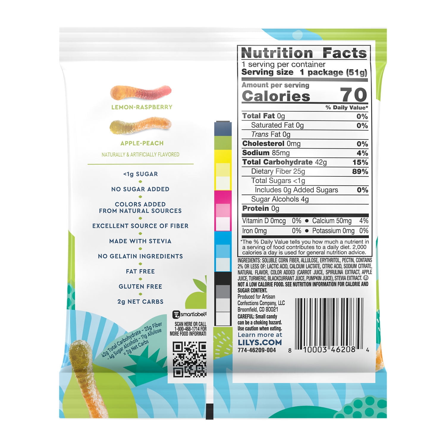 (2 pack) Lily's Assorted Fruit Flavored No Sugar Added Sour Gummy Worms, Bag 1.8 oz