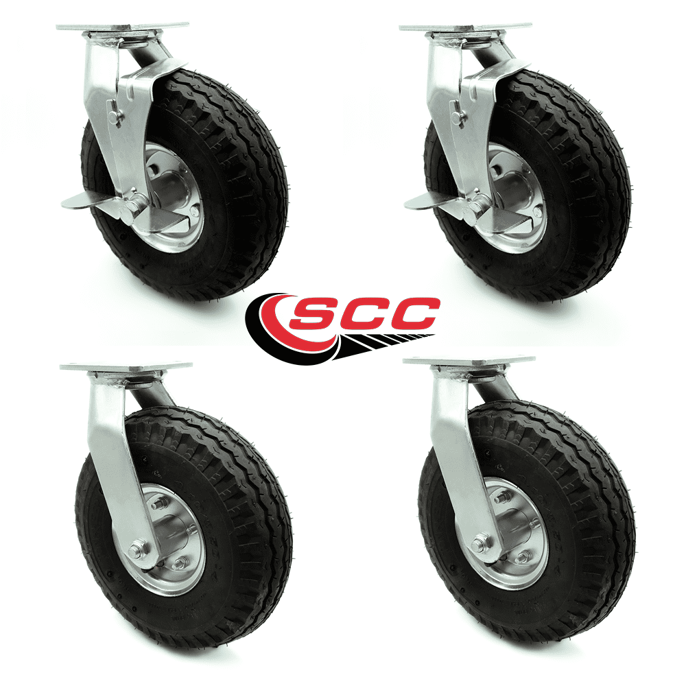 No Flat Pneumatic Wheel Set of 4 CASTERHQ-10" x 3" Swivel Plate Caster/ Brakes 