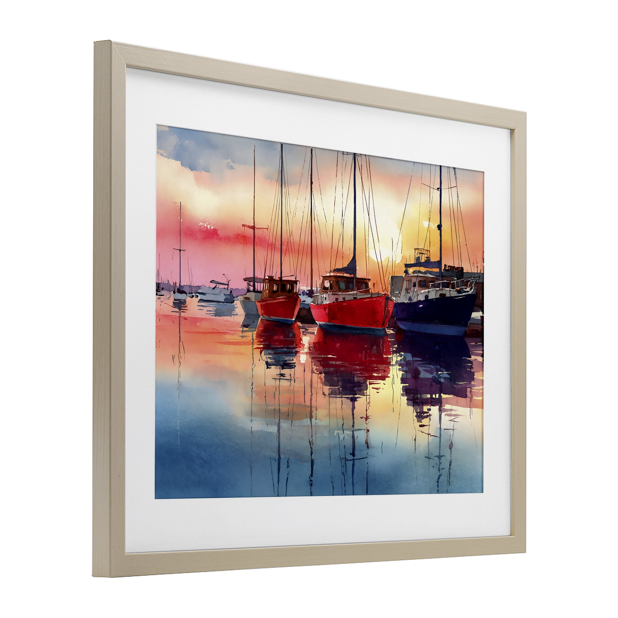 Stupell Industries Red & Blue Boats at Sunset Birch Framed Print Under Glass, design by Franklyn Gregory