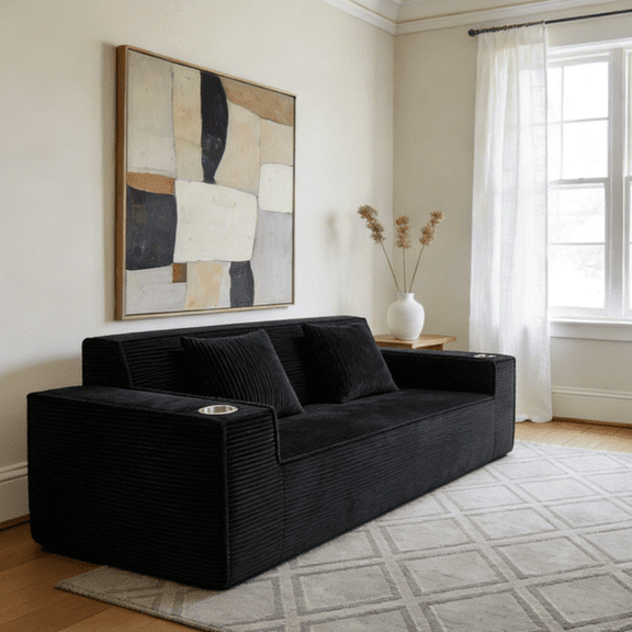 76'' Large Corduroy Loveseat, 3-Seat Boneless Cloud Sofa with Built-in Cup Holders, No Assembly Compression Couch, Ideal for Apartment, Black