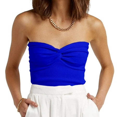 USSUMA Summer Tops for Women 2025 Women S Sexy Strapless Strapless Bra Solid Color Threaded Knitted Top Elegant Holiday Saving Blue Polyester S
