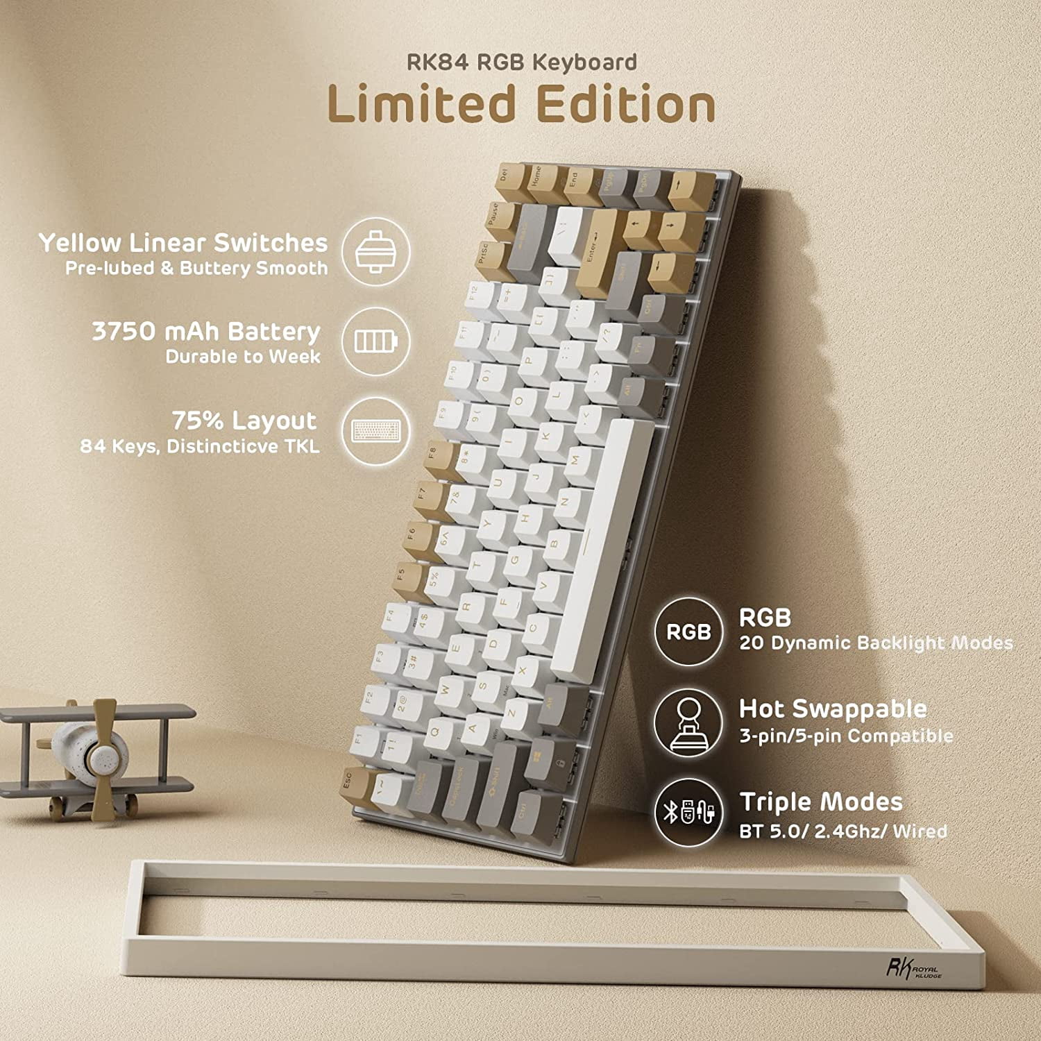 RK ROYAL KLUDGE RK84 RGB Limited Ed, 75% Triple Mode BT5.0/2.4G/USB-C Hot Swappable Mechanical Keyboard, 84 Keys Wireless Gaming Keyboard, RK Yellow Switch, Macchiato White