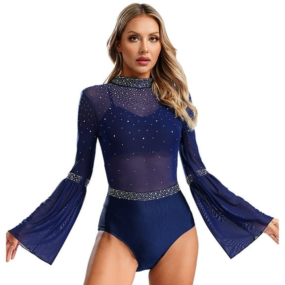 TiaoBug Women Gymnastics Leotard Flare Sleeve Backless Rhinestone Skating Bodysuit Dancewear Navy Blue M