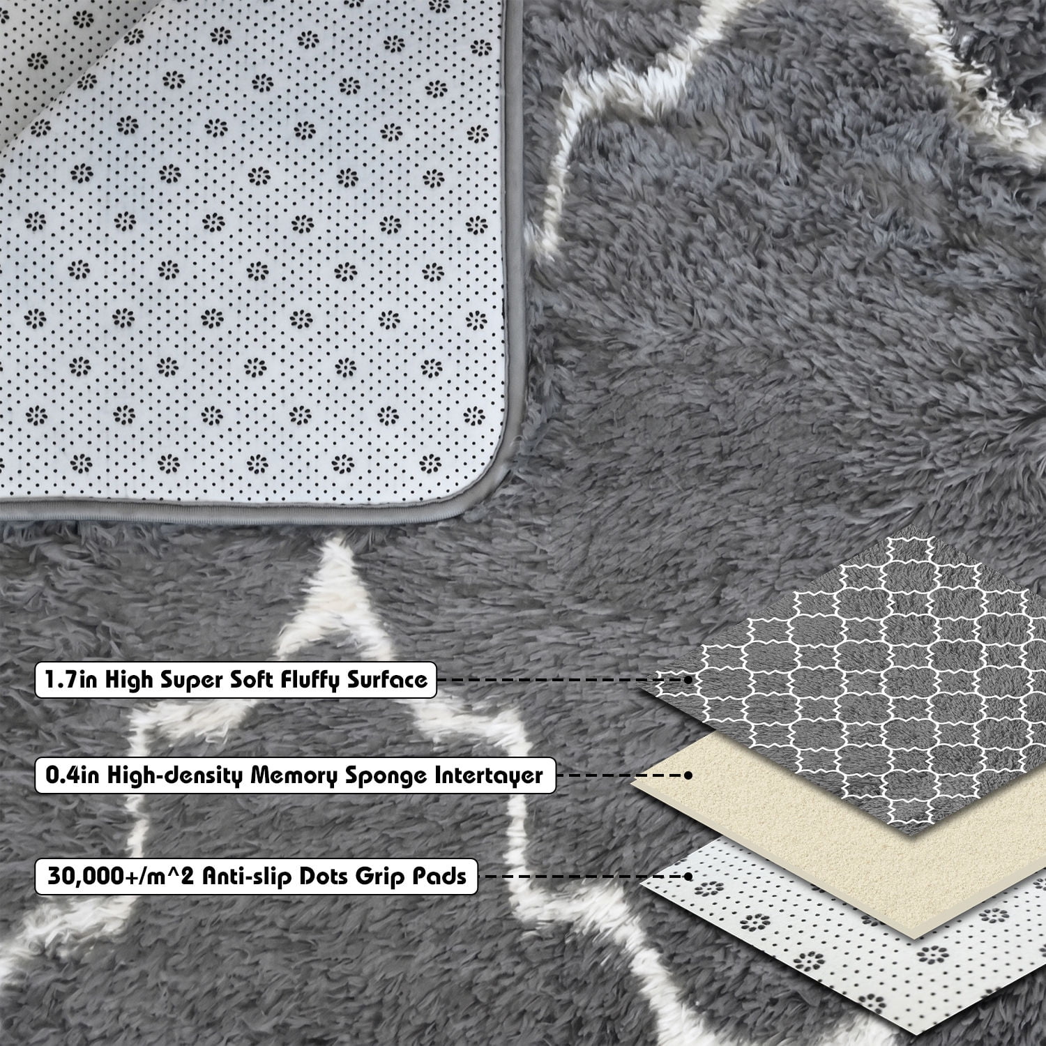 Pentantan Shag Area Rug, 8ft x 10ft Geometric Soft Fluffy Rugs for Living Room Bedroom Indoor Carpet, Gray & White