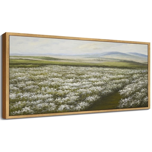 Drsoum 20x40in Natural Framed Vintage Landscape Large Canvas Wall Art Prairie in Full Bloom Classic Painting Modern Farmhouse Bathroom Office Decor