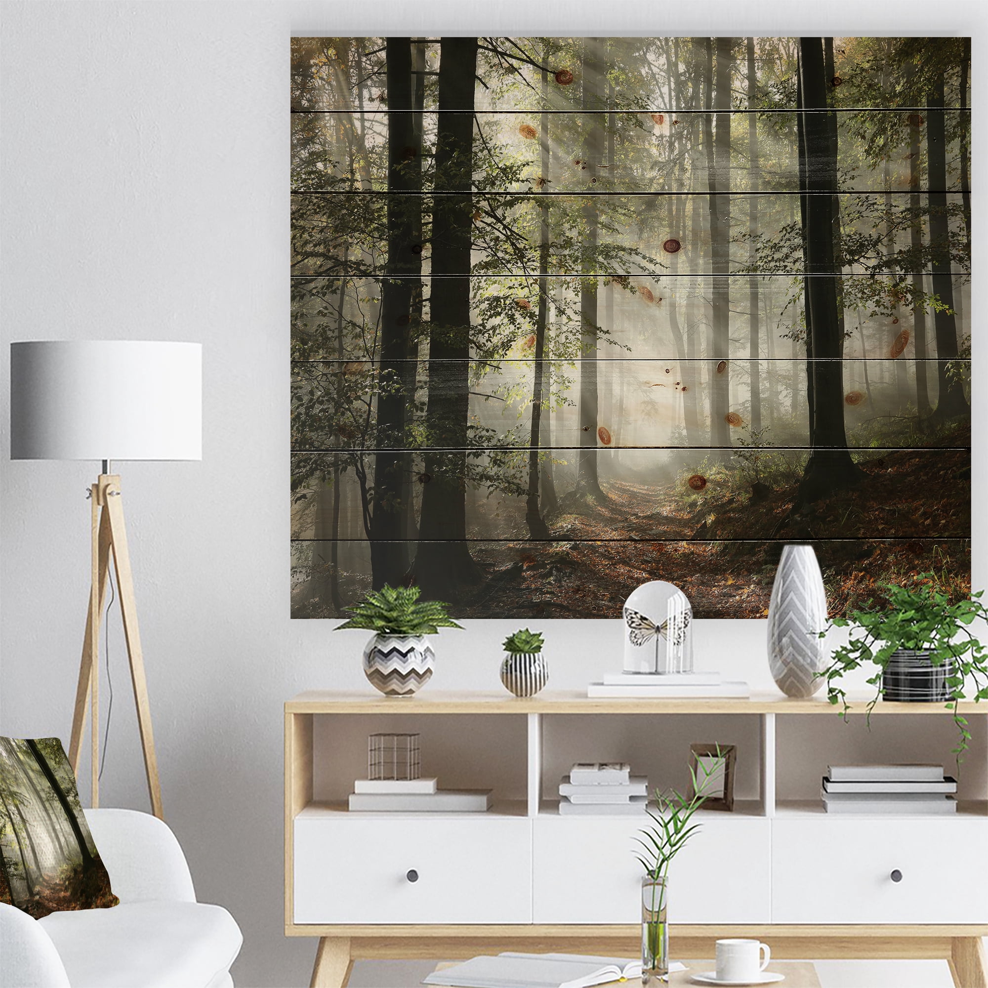 Designart Light in Dense Fall Forest with Fog Landscape Print on Natural Pine Wood Art Print, 40" x 30"