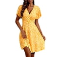 thumbnail image 2 of ClodeEU Women's V Neck Puff Sleeve Floral Mini Dress,Casual Wrap A Line Flare Sundress Yellow,Women's Plus L, 2 of 5