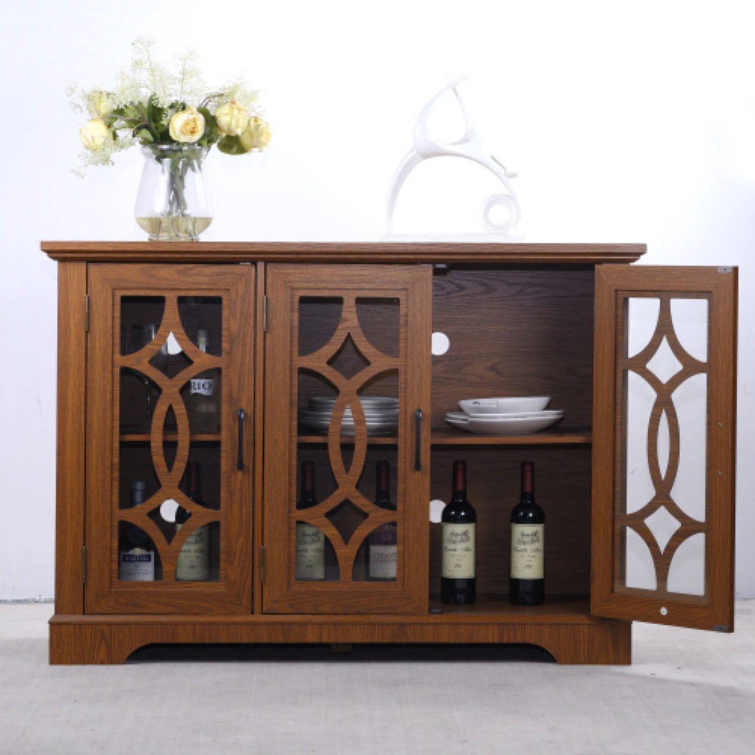 48.66" 3-Door Glass Sideboard Buffet Cabinet, MDF Storage Credenza with Adjustable Shelf, Tempered Glass Display Cabinet for Dining Room Kitchen Living Room, Dark Oak