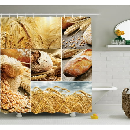Harvest Shower Curtain, Various Stages of Bread Making From Wheat to Final Product Collage Pattern, Fabric Bathroom Set with Hooks, 69W X 70L Inches, Earth Yellow Brown, by (Best Collage Making App For Windows)