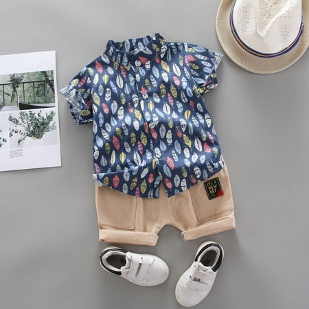 

THE WILD Casual Pretty Toddler Kids Baby Boy Short Sleeve Feather Pattern Shirt Tops+Shorts Set Clothes