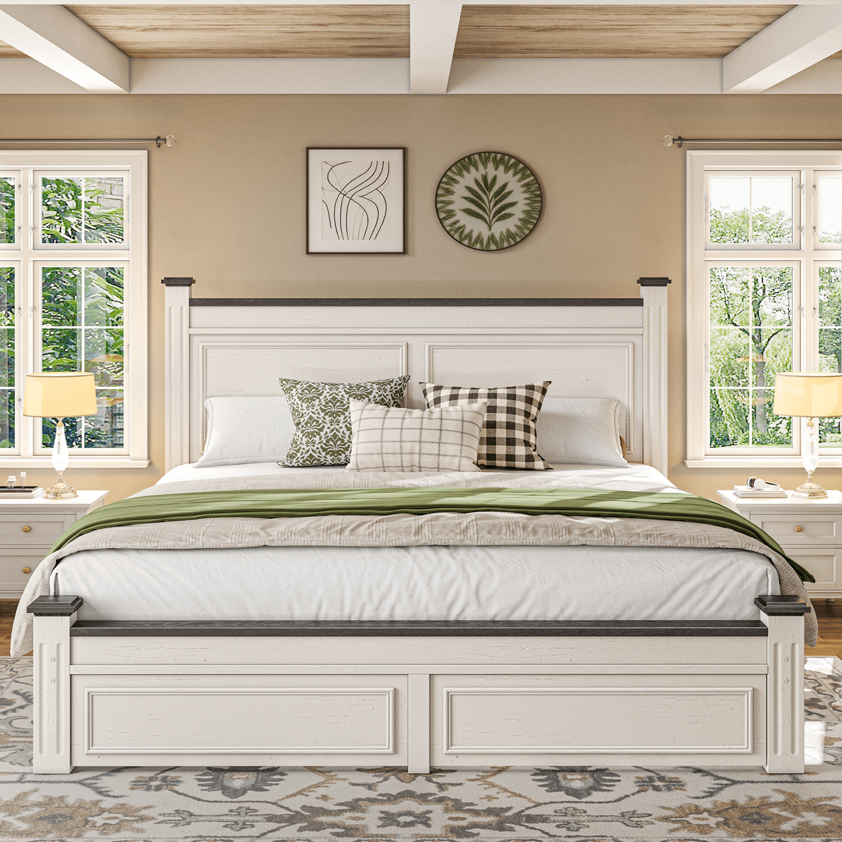 EnHomee Queen Bed Frame with 2 Storage Drawers Queen Size Bed Frame with 51.25" H Headboard Farmhouse Bed Frame NO Noise, No Box Spring Needed, White