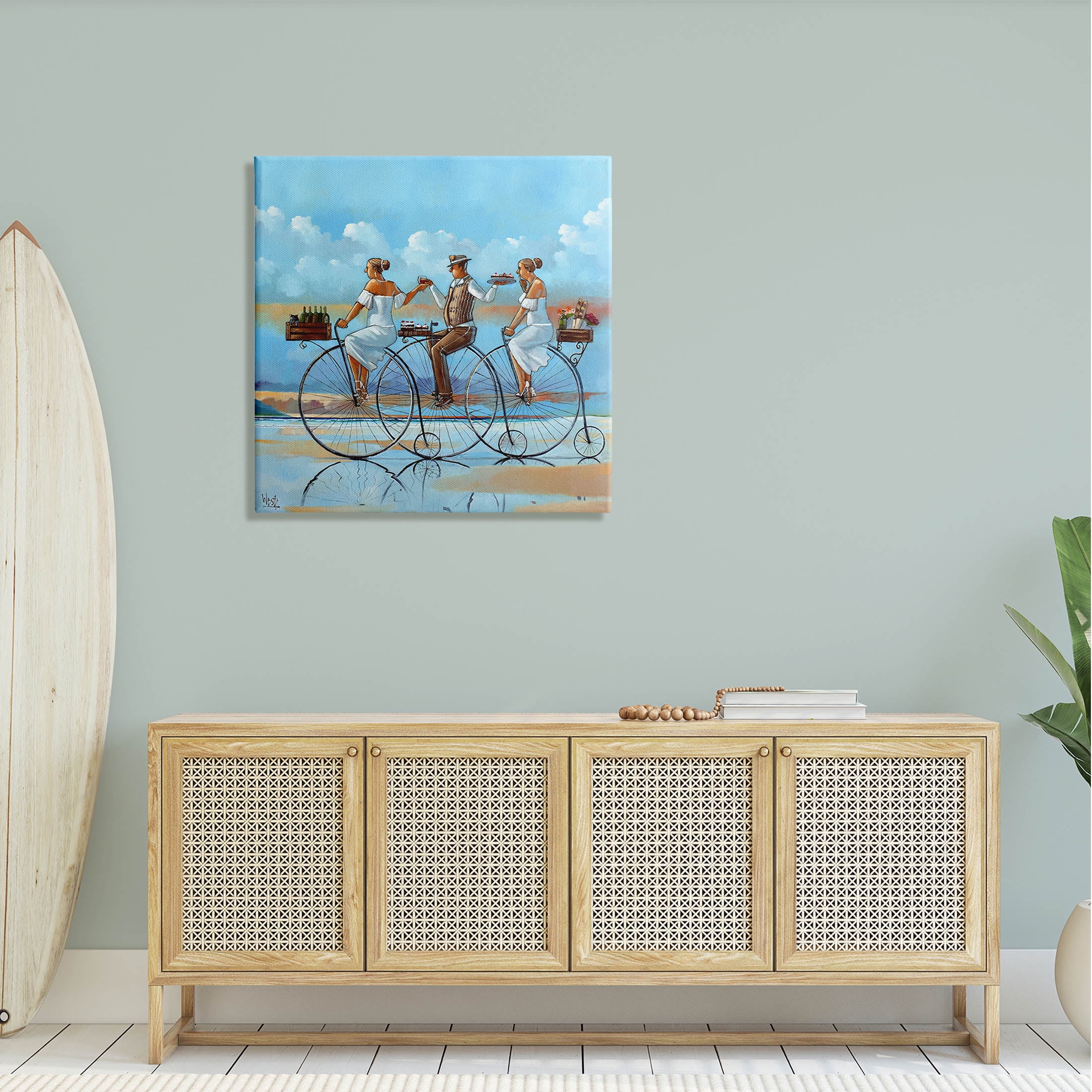 Summer Shore Bicycle Ride Coastal Painting Gallery Wrapped Canvas Print Wall Art