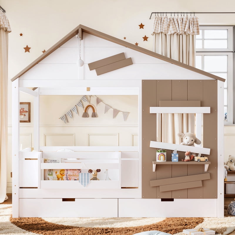 Twin House-Shaped Kid's Bed with Built-in Bookshelf & Light Bulb, Wooden Platform Bed Frame with 2 Drawers & 5 Round Hooks