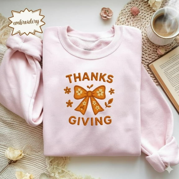 Coquette Bow Thanksgiving Embroidered Shirt | Autumn Fall Embroidery Tee | Thankful Embroidered Top | Thanksgiving Gift Embroidered Shirt