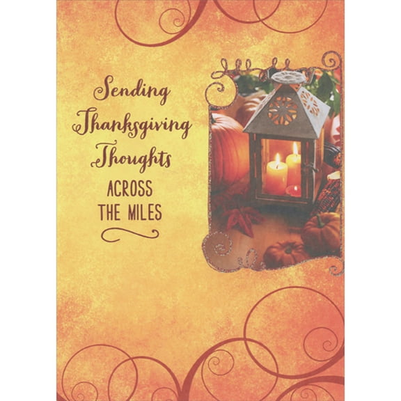 Designer Greetings Sending Thoughts Across the Miles: Pumpkins and Lit Candles in Swirling Frame Thanksgiving Card