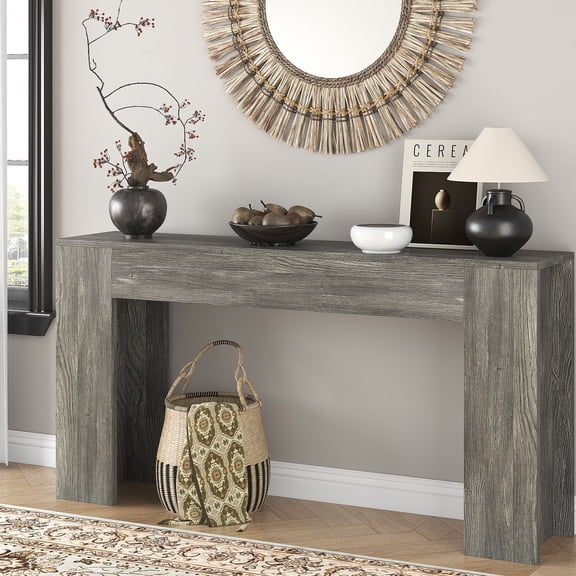 63-Inch Long Console Table with LED Light, Farmhouse Sofa Table Behind Couch, Wooden Console Table for Entryway Hallway Entrance Living Room, Gray