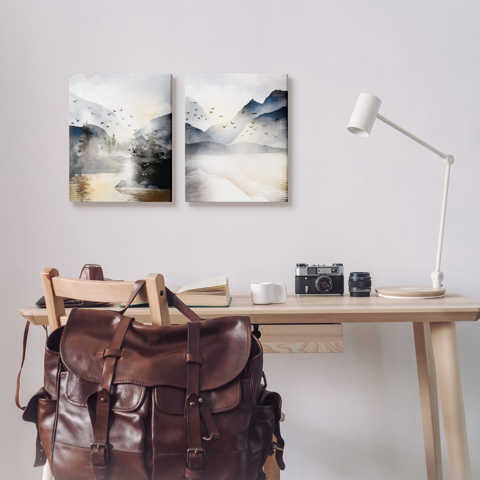Stupell Sunlit Birds Over Lake Landscape Landscape Painting Gallery Wrapped Canvas Print Wall Art, Set of 2