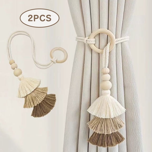 Tassel Curtain Tiebacks, Wooden Ring Rope Curtain Holdbacks for Bedroom Window Decor, 2 Pack Boho