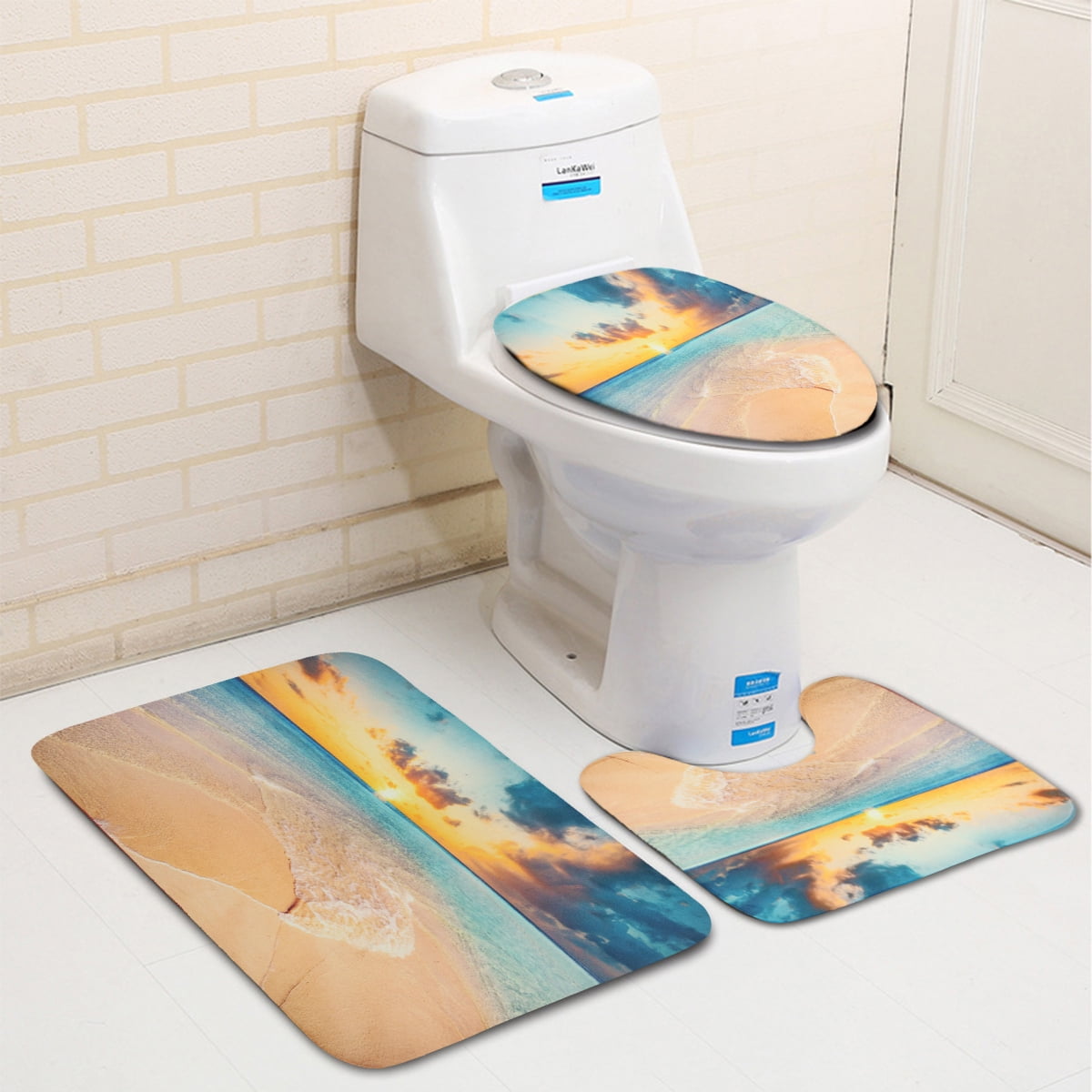 4Pcs Sunset Beach Shower Curtain Set with Non-Slip Rug Toilet Seat Mat Cover 