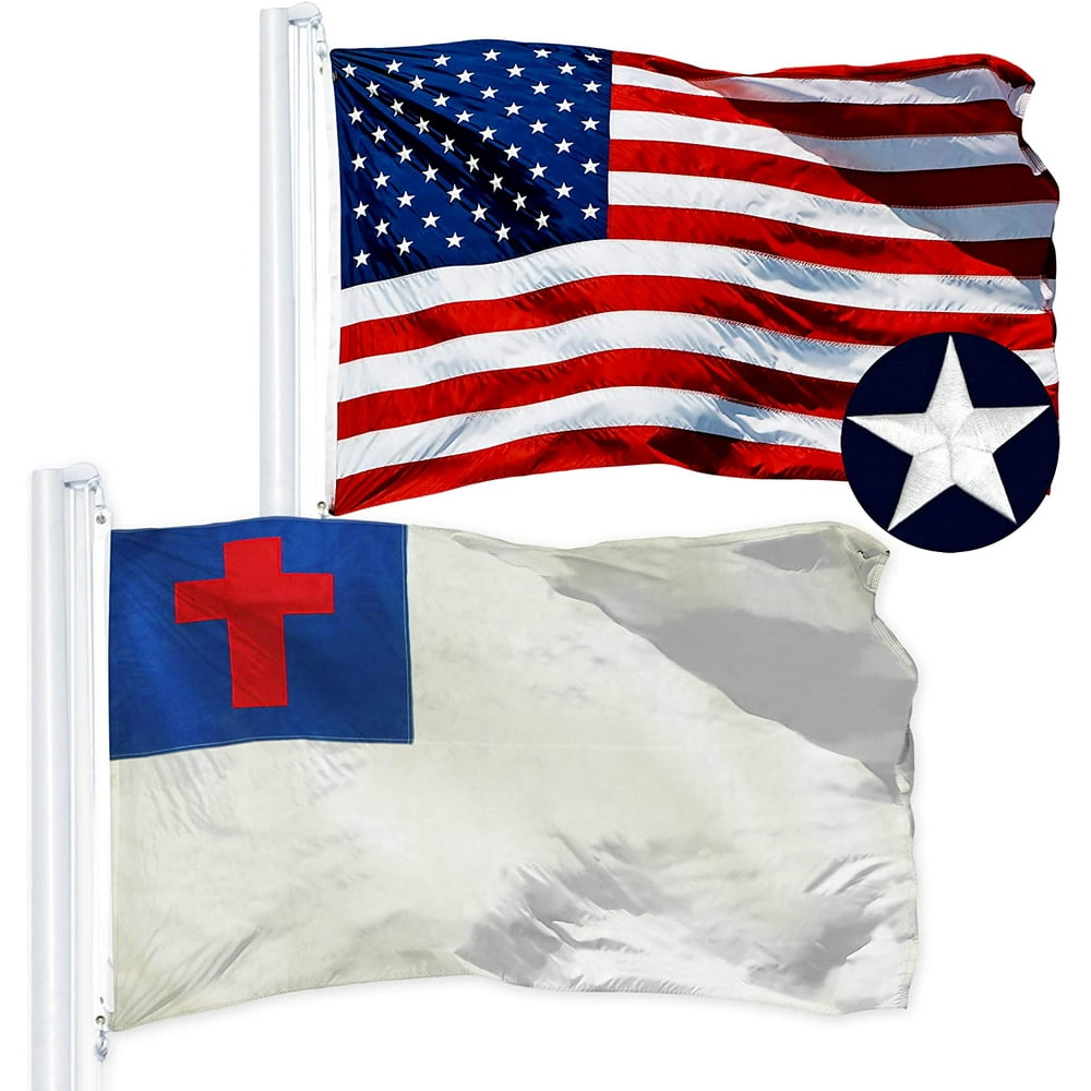 G128 Combo Pack: USA American Flag 3x5 ft Embroidered Stars & Christian