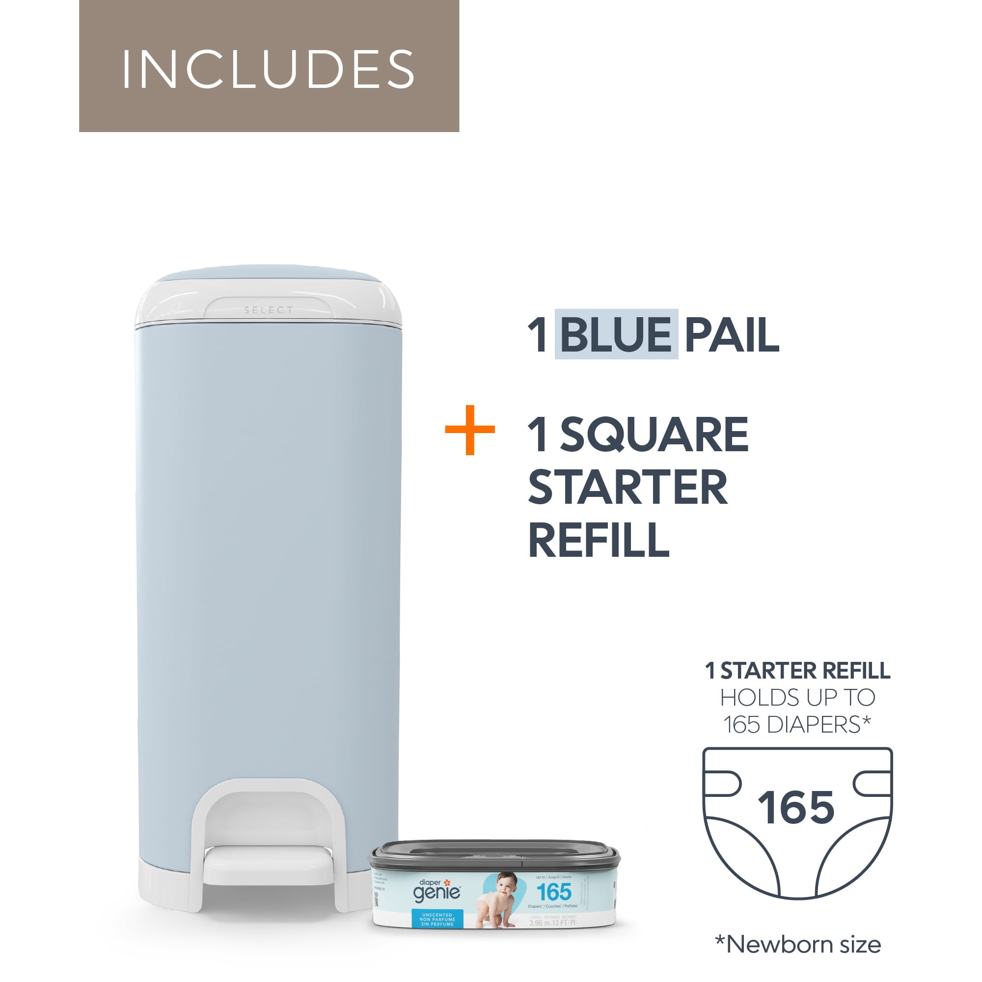 Diaper Genie Select Pail,Blue,Stainless Steel, 1 Diaper Pail,1 Square Refill-165 Count, Infant