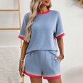 thumbnail image 2 of Atogsazn Women's 2 Piece Outfits Loungewear Colorblock Short Sleeve Womens Tops Elastic Waist Shorts Ribbed Knited Sets Blue S, 2 of 9