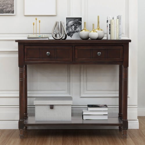 Mid Century Console Table, Console Table with Drawers and Bottom Shelf
