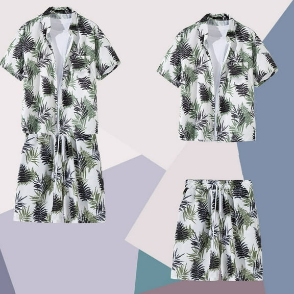 Mens Hawaiian Shirt and Shorts Set 2 Piece Casual Beach Lapel Button Pocket Shirt Top Drawstring Shorts