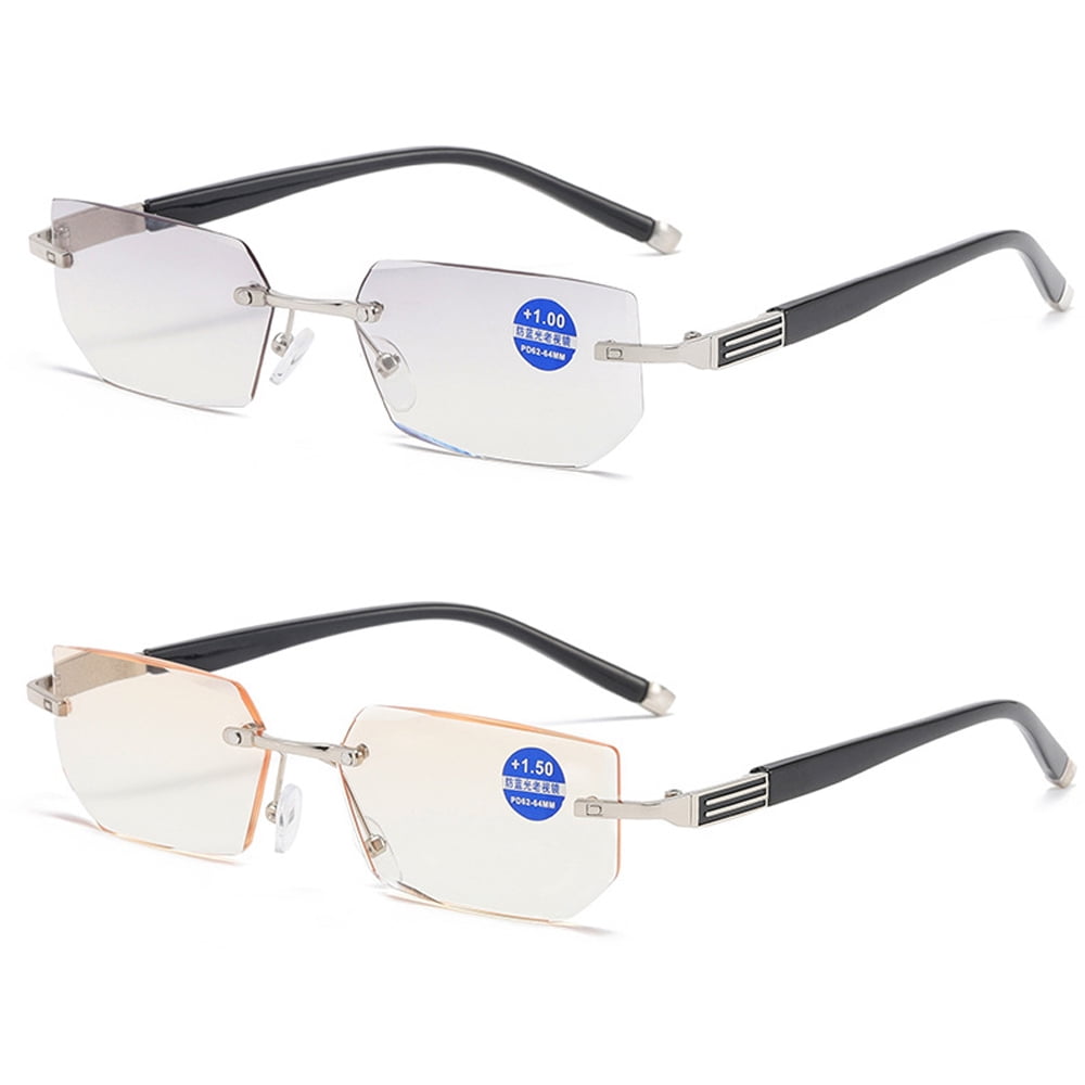 2 Pairs Tinted Reading Glasses Rimless Blue Light Blocking Readers