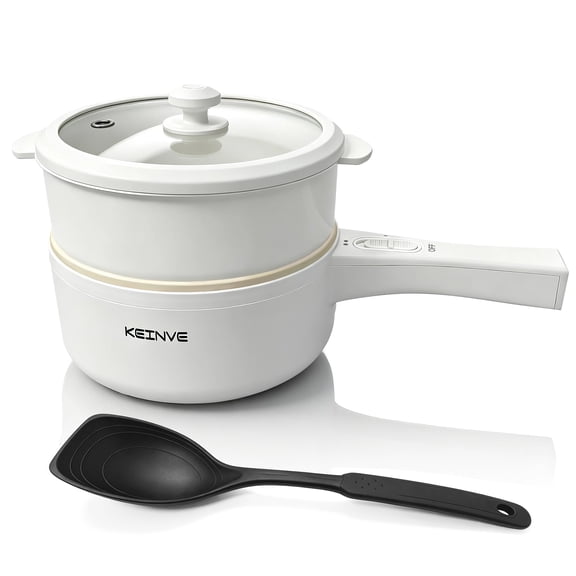 KEINVE 1.5L Electric Hot Pot with Dual Power & Steamer Basket and Spatula, White