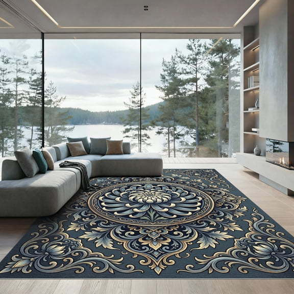 ODIKA 4x6 Machine Washable Non-Slip Area Rug, Oriental Navy Blue High Traffic Rug, Blue, 1007814