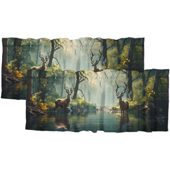 Forest Deer Kitchen Window Curtain Valance Wild Animals Spring Rainforest Landscapes Window Treatment Valance Curtains for Bathroom 54 by 18 in, 2 Panel