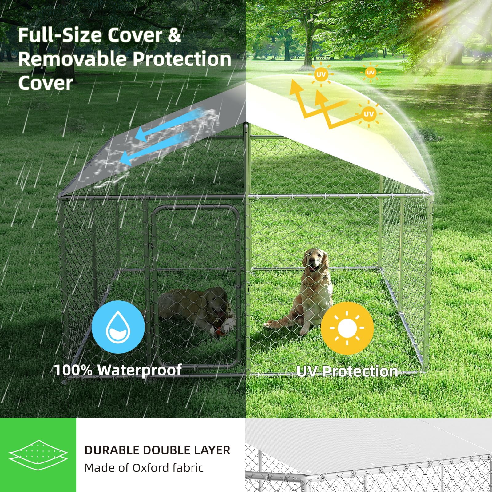 Heavy Duty Outdoor Dog Kennel 7.8x7.8FT Large Metal Enclosure with Waterproof Cover, Secure Lock for Pets, Durable Galvanized Frame, Silvery