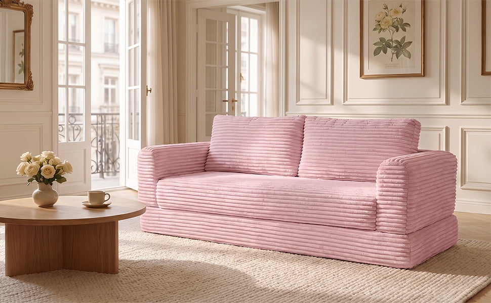 55" Convertible Futon Sofa Bed,Folding Boneless Couch with Sleeper Sofa,Fold Out Floor Sofa with Deep Seat,Cloud Corduroy Foldable Mattress Couch for Living Room,Pink