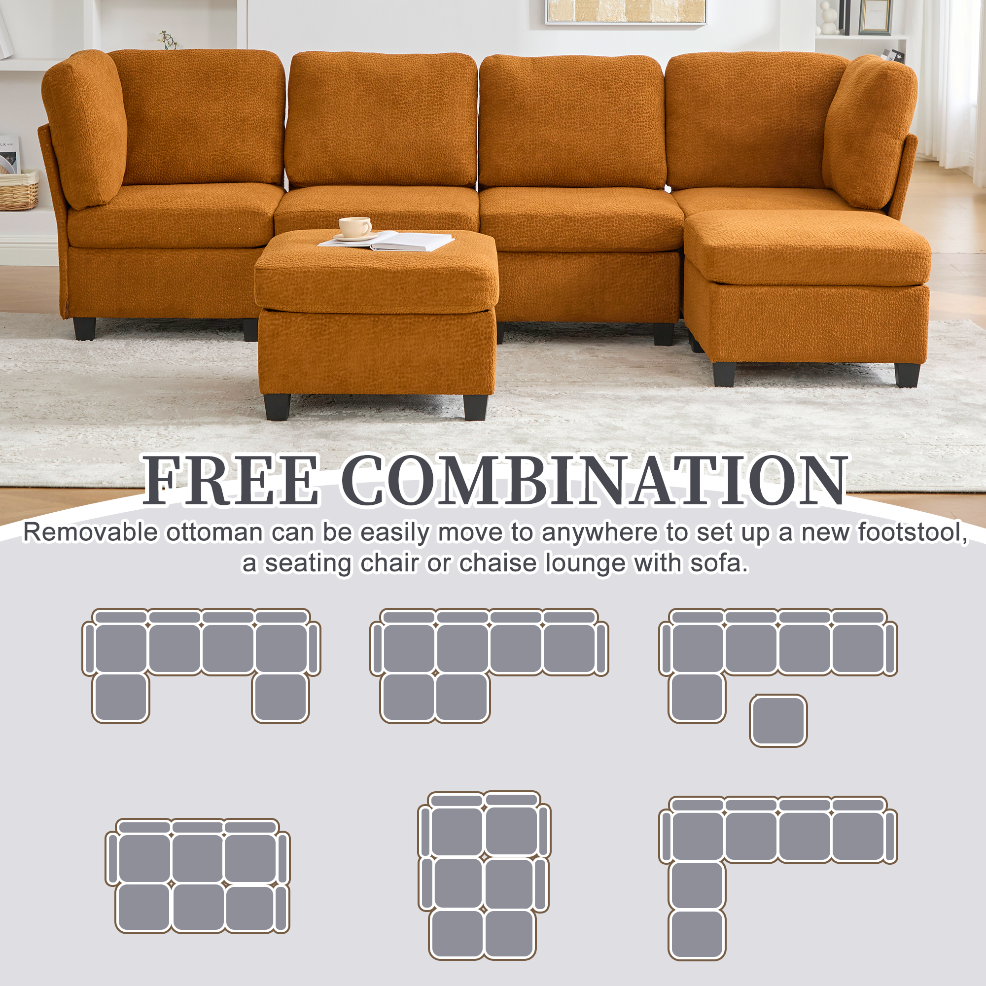 MOONMISS 6-Seat Polyester Upholstered U-Shaped Modular Storage Sleeper Sectional Sofa with Storage Ottoman-Orange